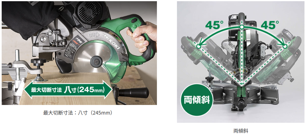 HiKOKI C3606DRB 165mm刃で幅245mm。両傾斜八寸切断に対応