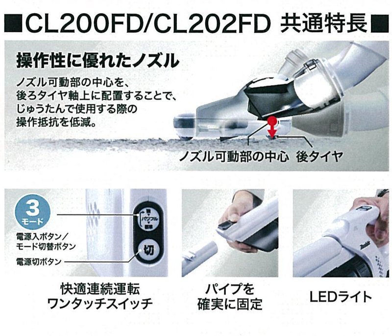 CL200FD・CL202FD共通の特長(ノズル・3モードのワンタッチスイッチ・パイプ固定・LEDライト)