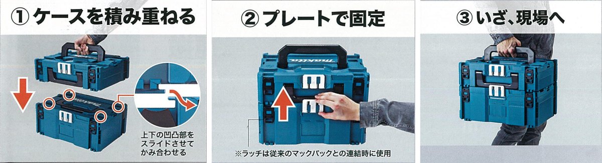 マックパックⅡのワンタッチ連結(積み重ねる→プレートで固定→持ち運ぶ)