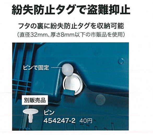 マックパックⅡのフタ裏の紛失防止タグ収納部と固定用ピン
