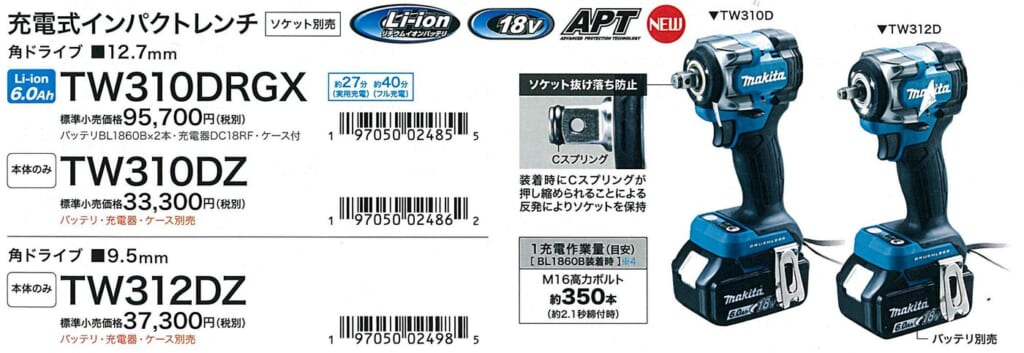 マキタ TW310DRGX・TW310DZ・TW312DZのラインアップ